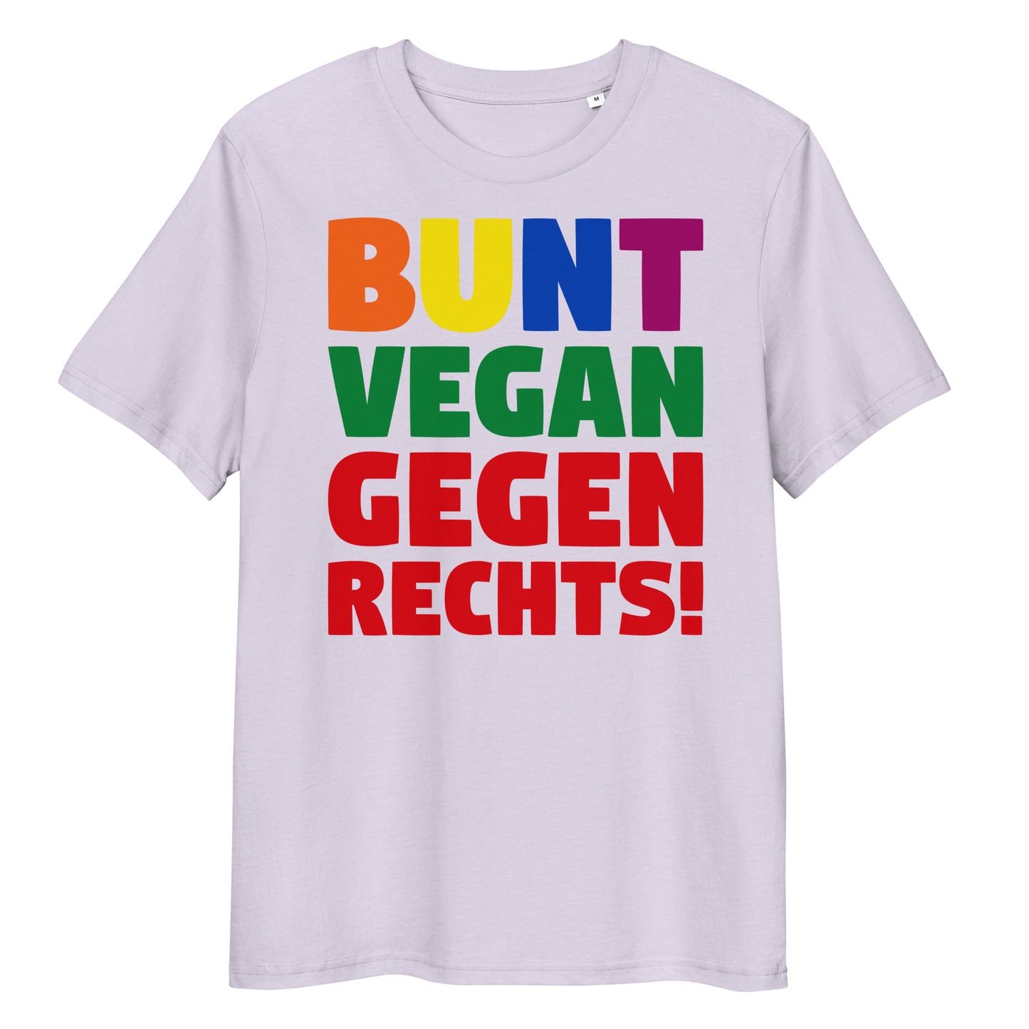 Hellgraues Bio-Baumwoll-T-Shirt mit buntem Aufdruck BUNT, VEGAN und GEGEN RECHTS! in geradem Schnitt.