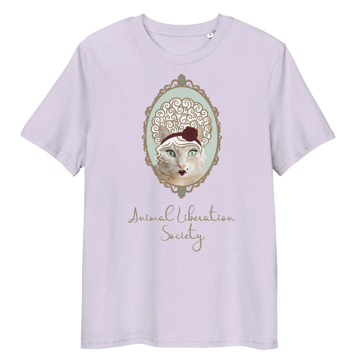 Damen-T-Shirt in Lavendel mit Katzenmotiv im ovalen Rahmen und Schriftzug