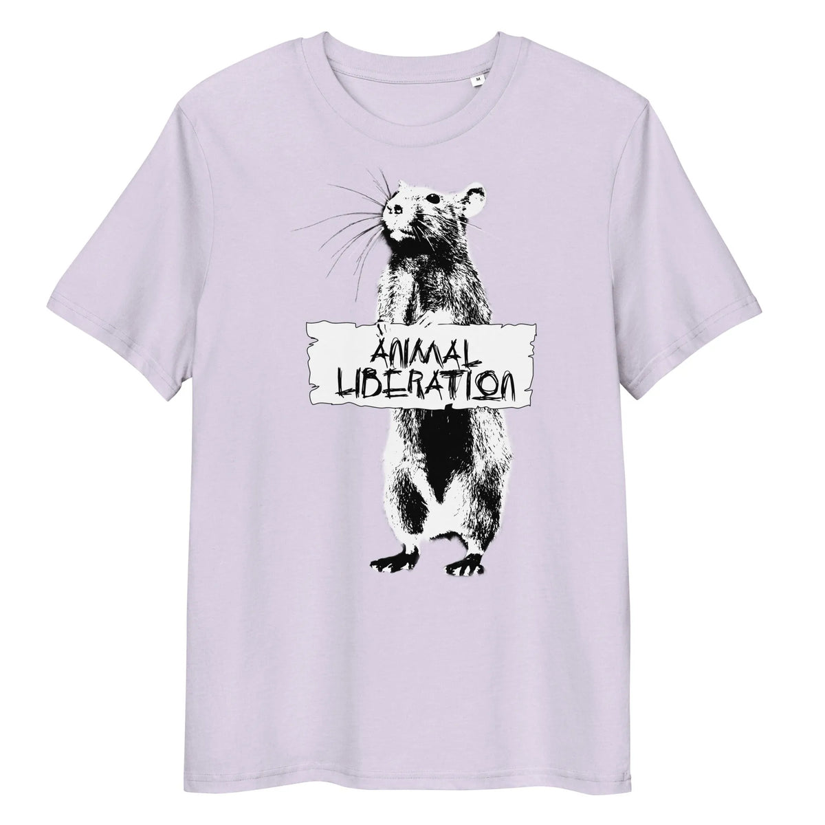 Lavendelfarbenes T-Shirt mit Rattenmotiv und Aufdruck „ANIMAL LIBERATION“