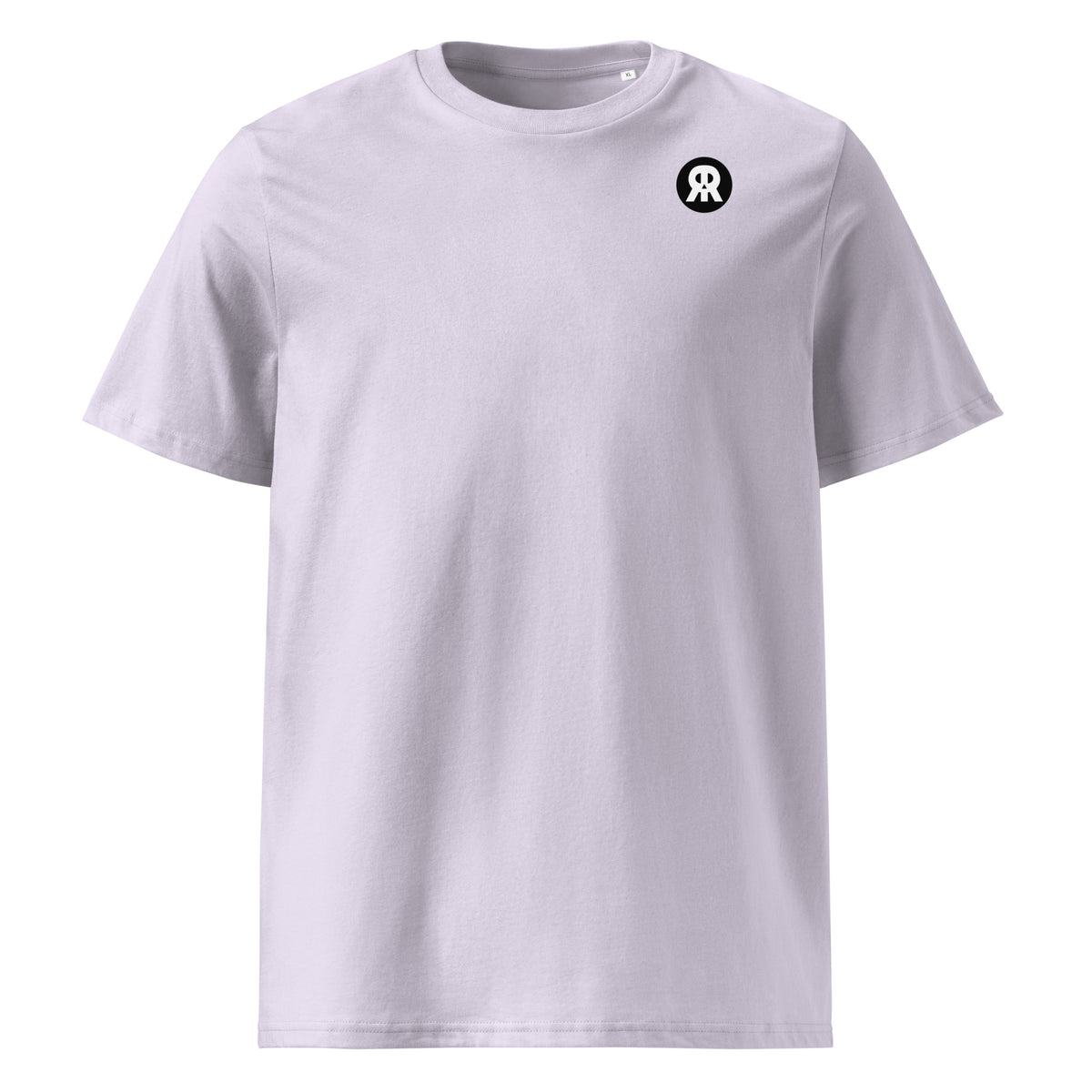 Helllila-graues Bio-T-Shirt mit Rundhalsausschnitt und kleinem Emblem am Brustbereich