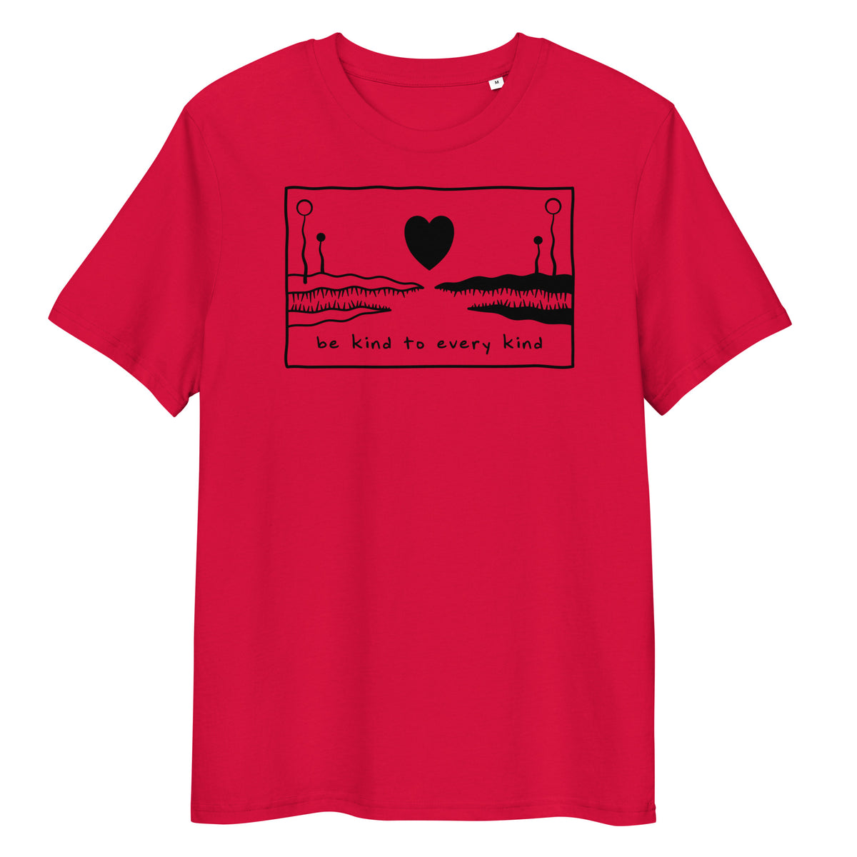 Rotes Bio-Baumwoll-T-Shirt mit schwarzem „Be kind to every kind“-Aufdruck und Herz-Motiv im Brustbereich.