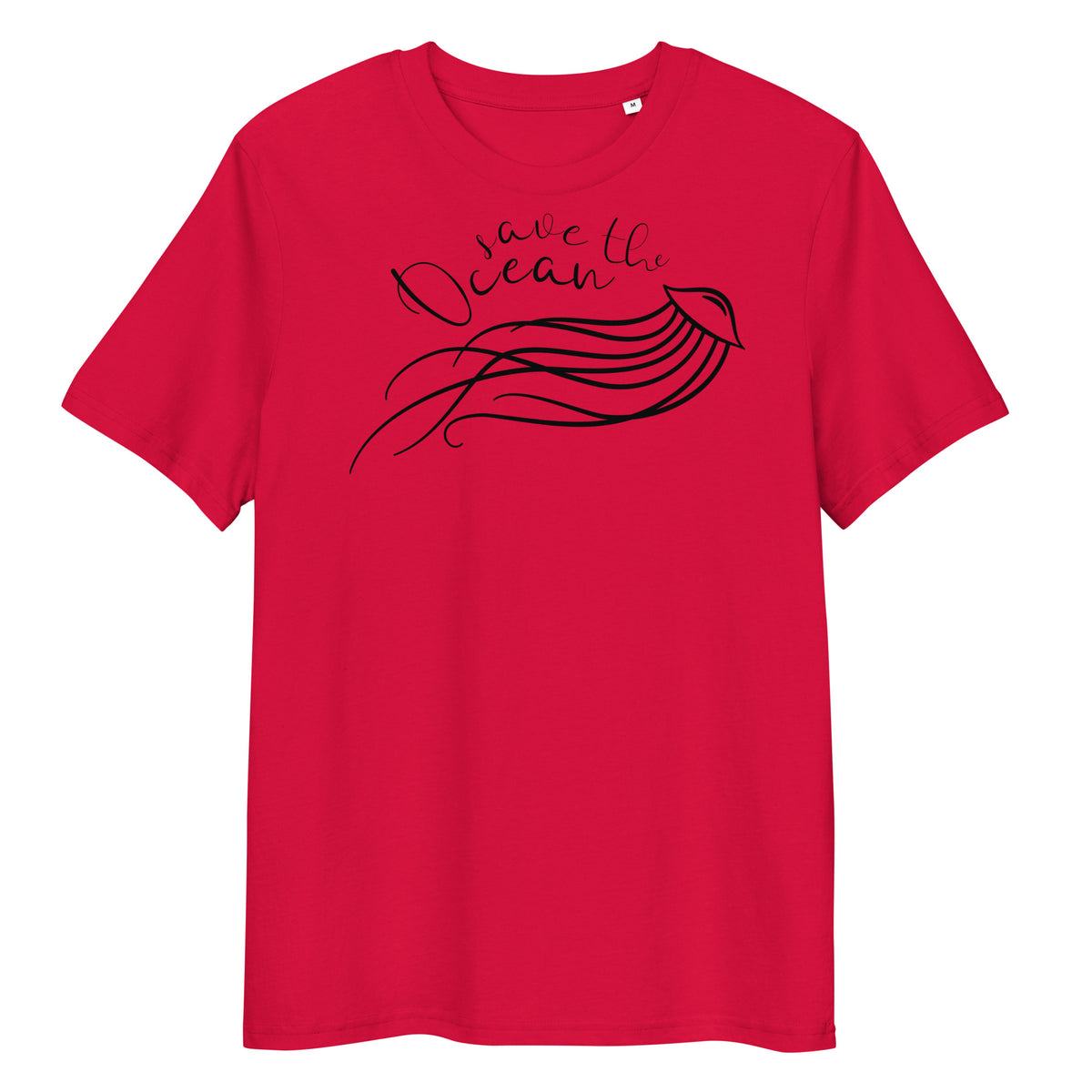 Rotes Bio-Baumwoll-T-Shirt mit schwarzem Save the Ocean-Aufdruck und Quallen-Grafik im modernen Design.