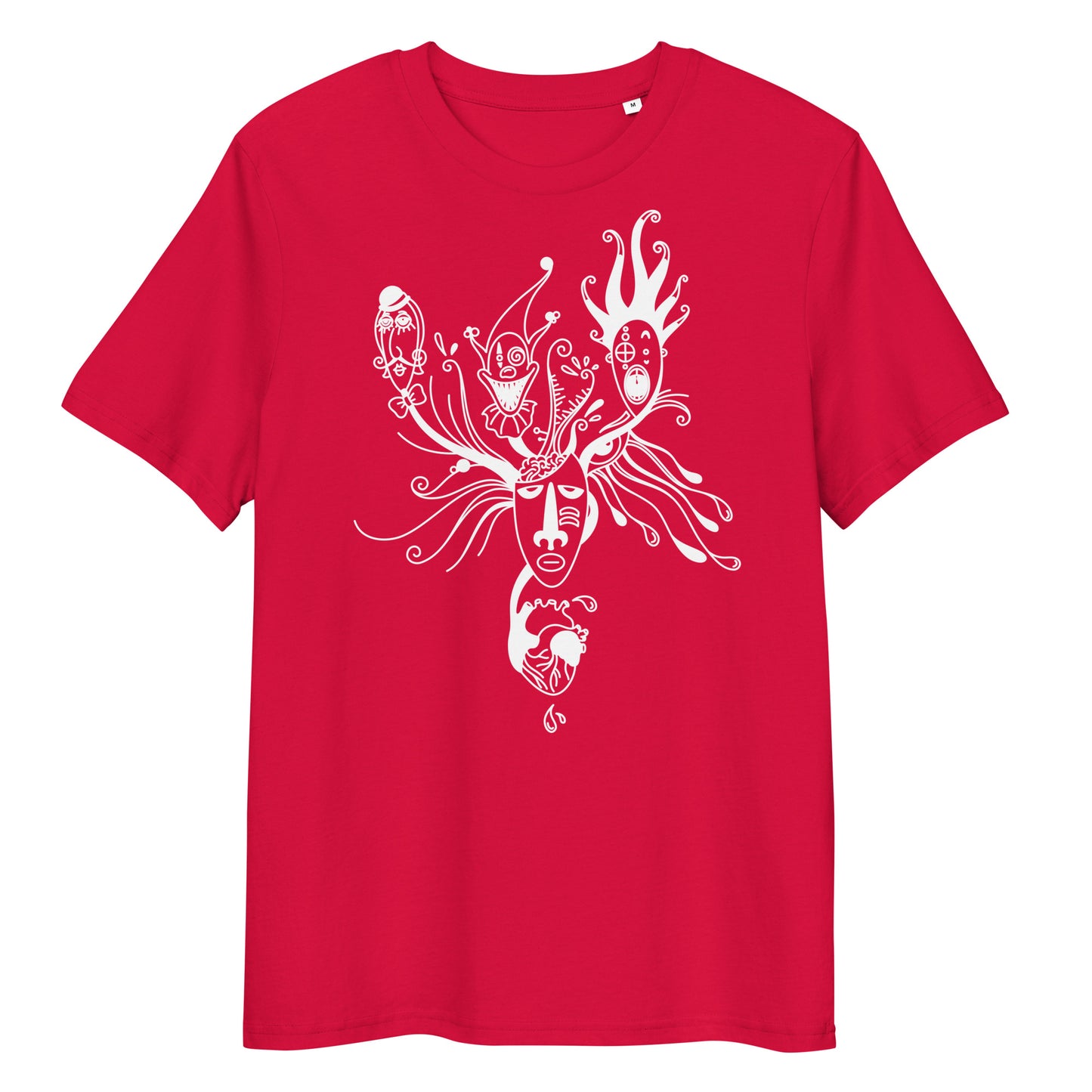Rotes Bio-Baumwoll-T-Shirt mit weißem Mental Health „Behind the Mask“ Grafik-Print und Rundhalsausschnitt.