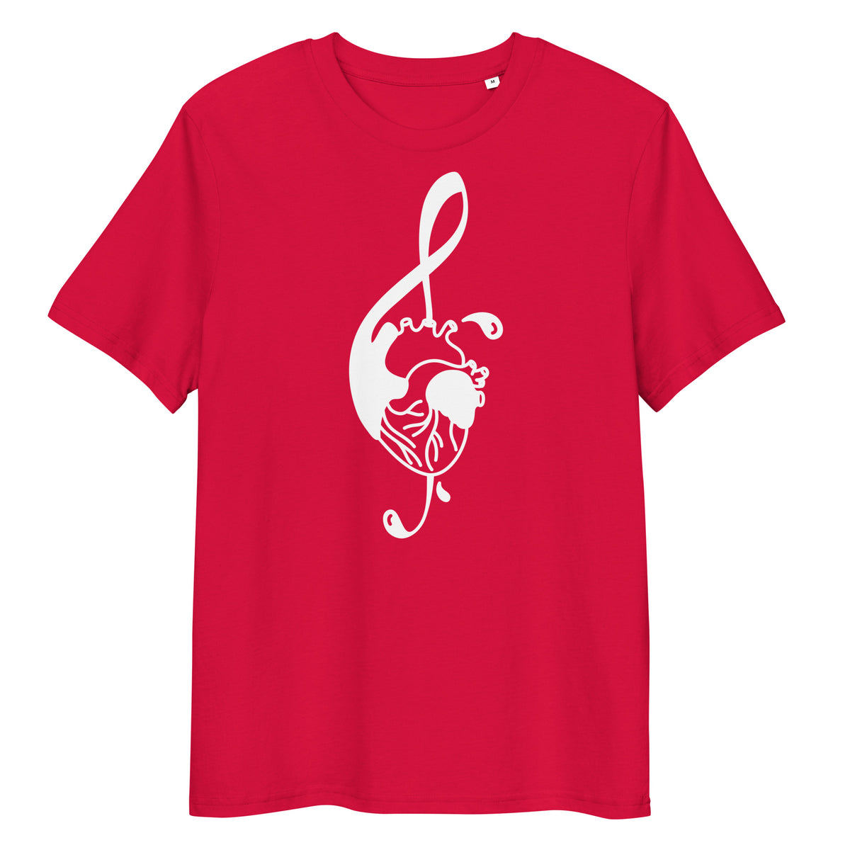 Rotes Bio-Baumwoll-T-Shirt mit weißem Notenschlüssel-Herz-Druck, mittlere Passform, Größe M.