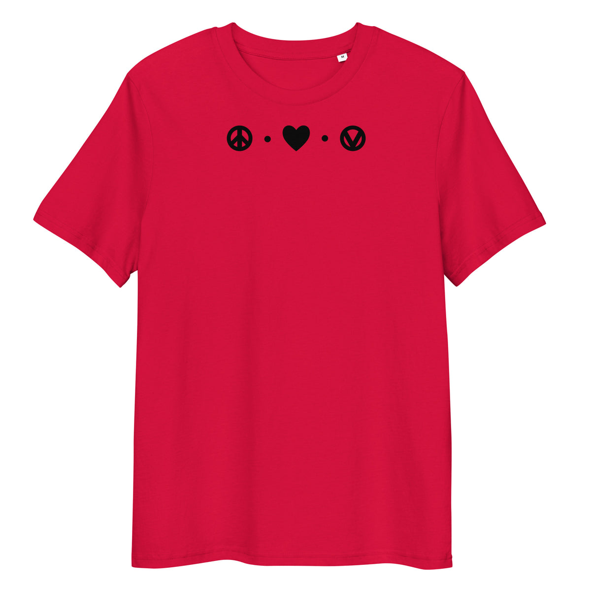 Rotes Bio-Baumwoll-T-Shirt mit schwarzem Peace-Love-Vegan-Aufdruck auf der Brust.