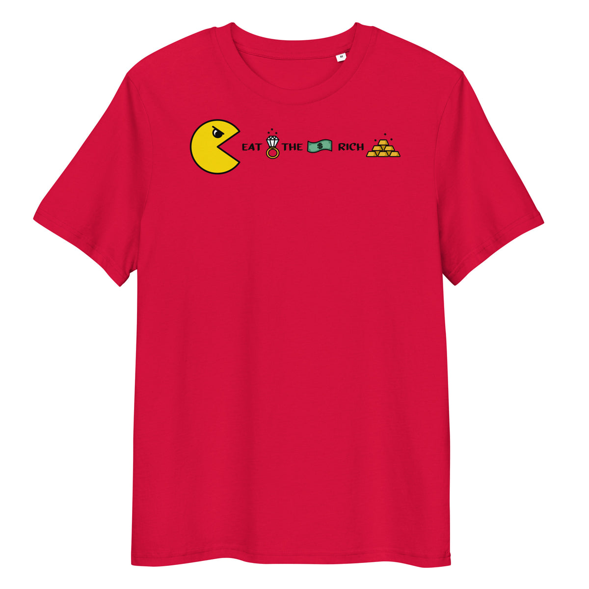 Rotes Bio-Baumwoll-T-Shirt mit Pac-Man-Grafik und dem Schriftzug Eat the Rich inklusive Diamantring, Geldschein und Goldbarren.
