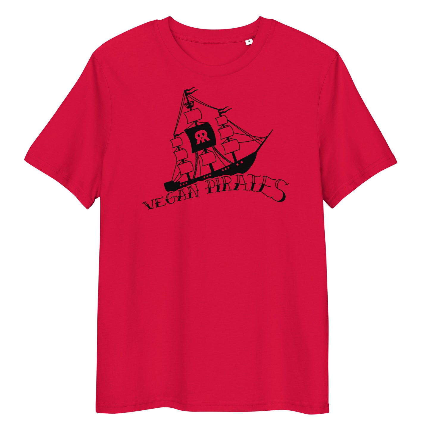 Rotes Bio-Baumwoll-T-Shirt mit schwarzem Vegan Pirates Segelschiff-Print und Rundhalsausschnitt.