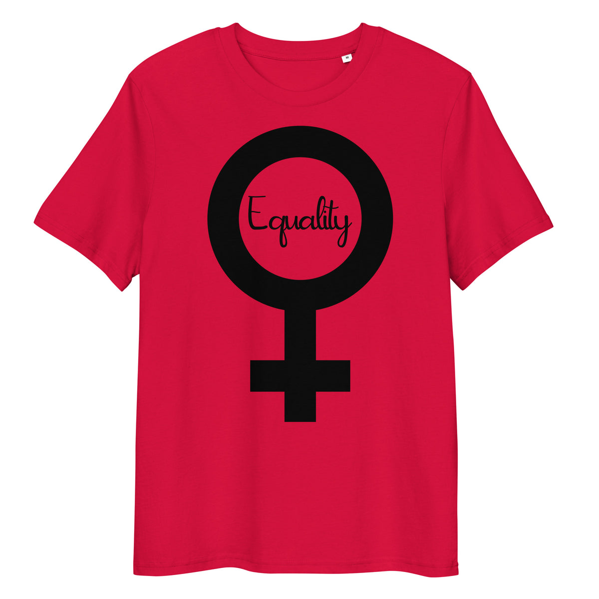 Rotes Bio-Baumwoll-T-Shirt mit schwarzem Feminismus-Symbol und Equality-Schriftzug.