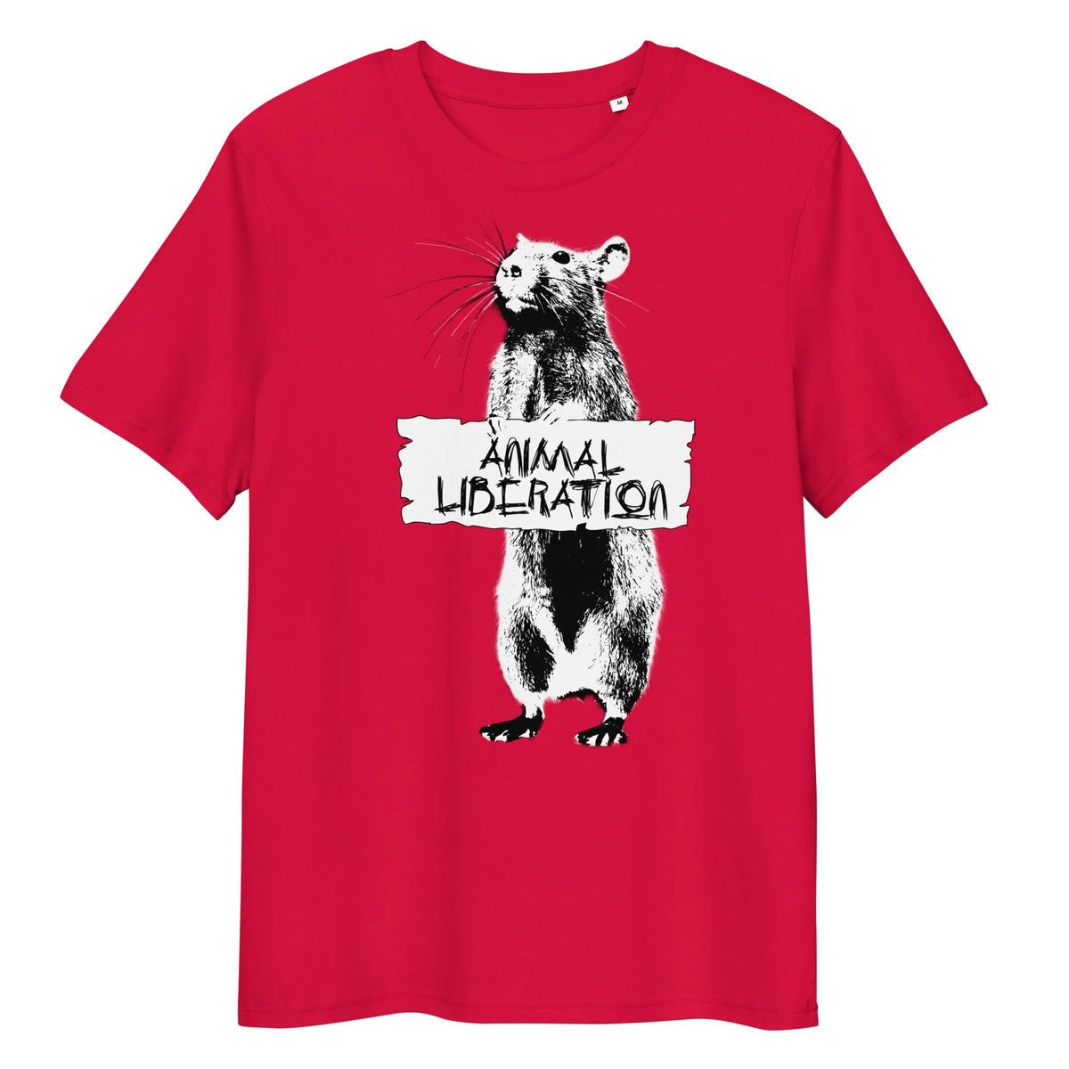 T-Shirt in Rot mit Rattenmotiv und Aufdruck „ANIMAL LIBERATION“ vorne