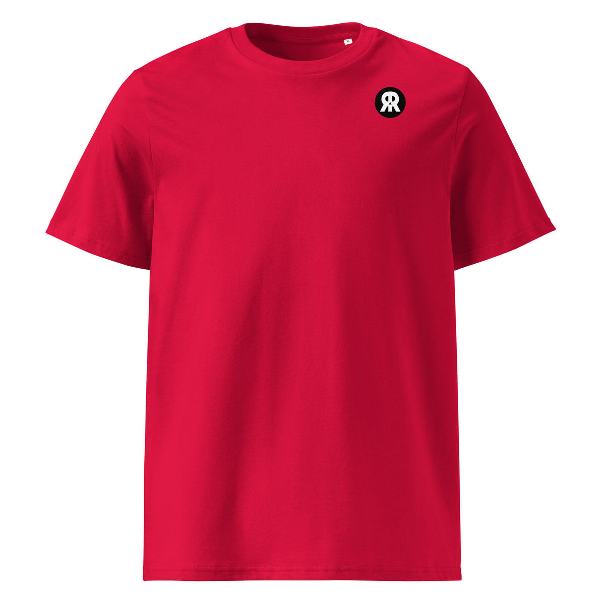 Rotes Bio-T-Shirt mit Rundhalsausschnitt und kleinem Emblem am Brustbereich