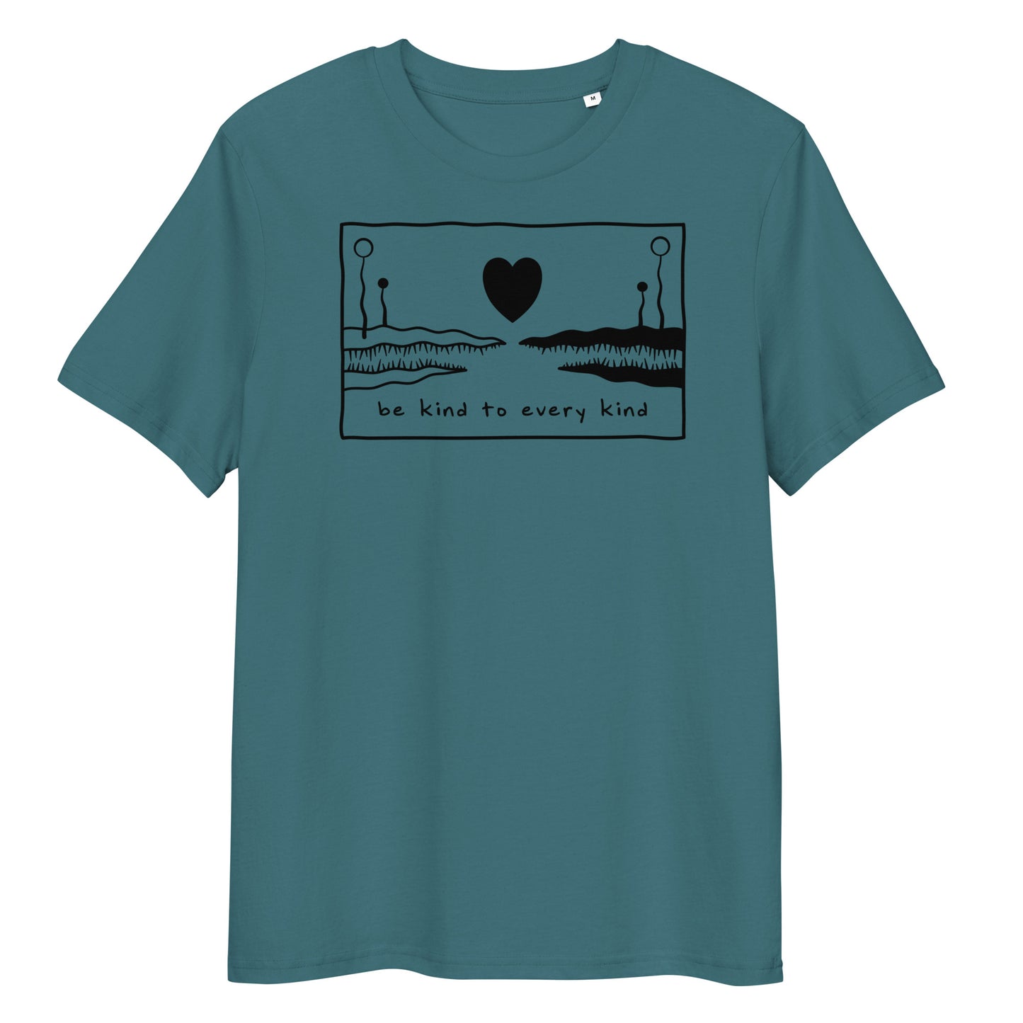 Petrolblaues Bio-Baumwoll-T-Shirt mit schwarzem „Be kind to every kind“-Aufdruck und Herz-Illustration.