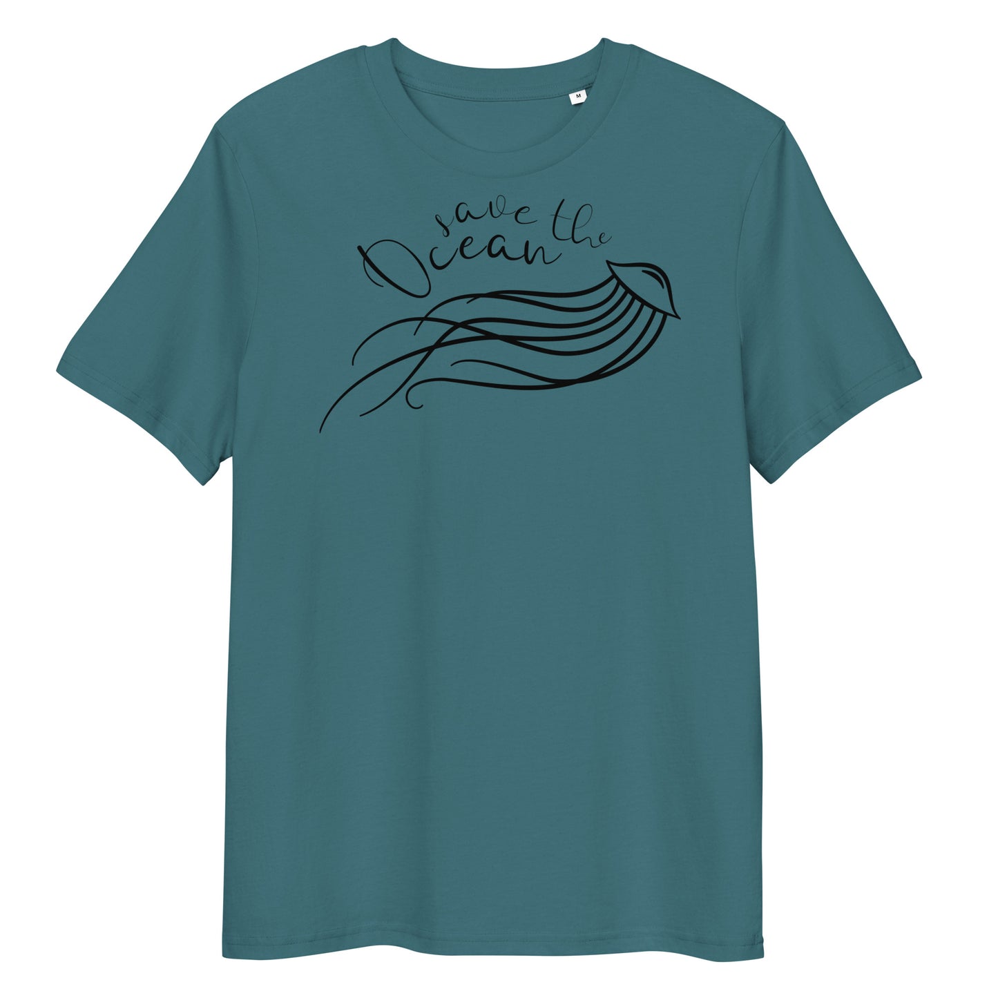 Dunkelblaues Bio-Baumwoll-T-Shirt mit schwarzem Quallen-Aufdruck und Save the Ocean Schriftzug.