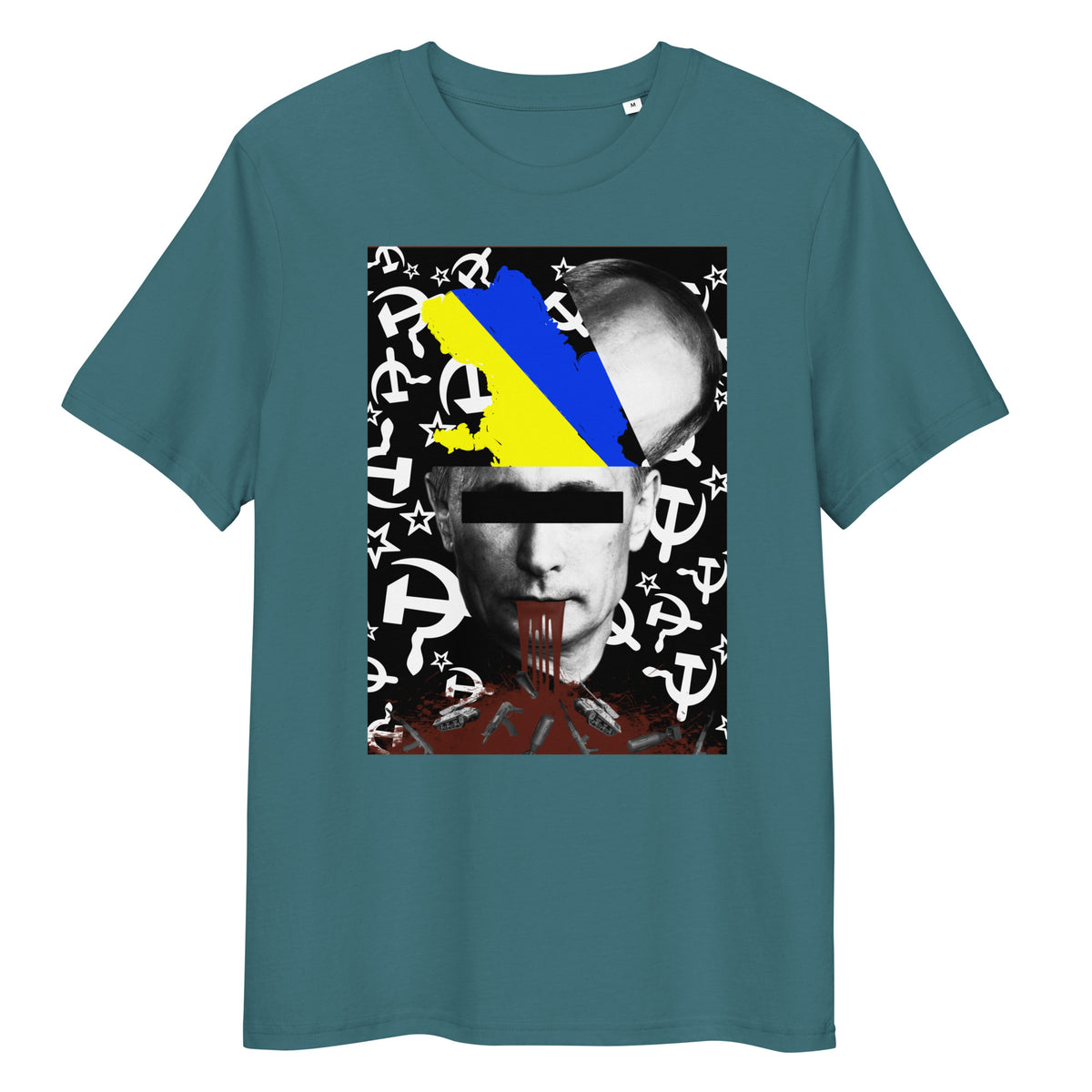 Petrolblaues Bio-Baumwoll-T-Shirt mit politischem Grafikdruck, Ukraine-Flagge und Hammer-und-Sichel-Muster.