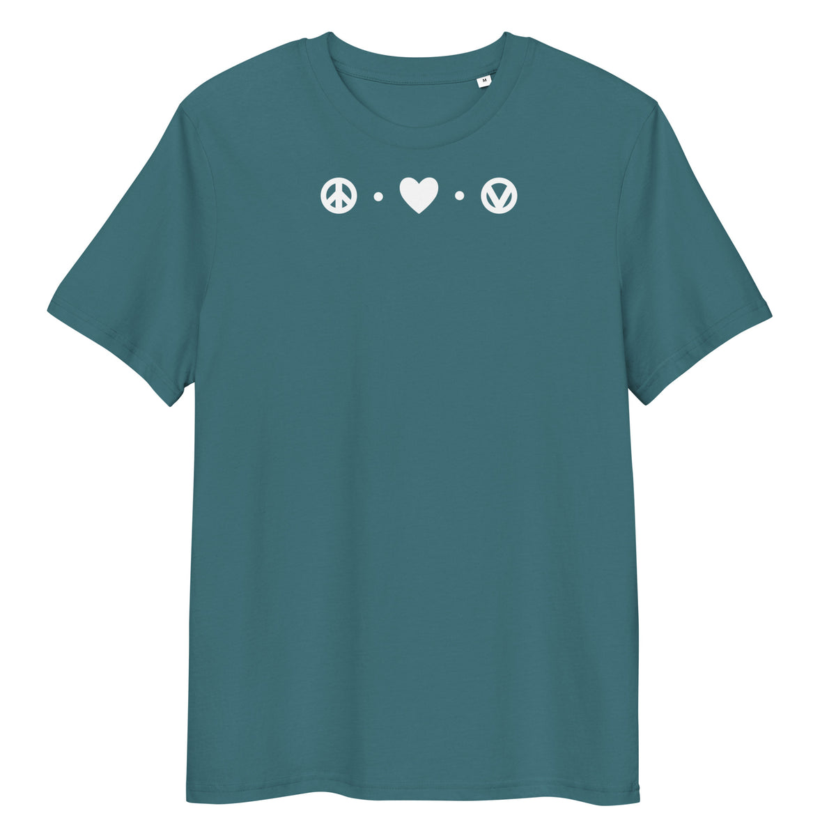Dunkelblaues Bio-Baumwoll-T-Shirt mit weißem Peace-, Herz- und Vegan-Symbol-Print auf der Brust.