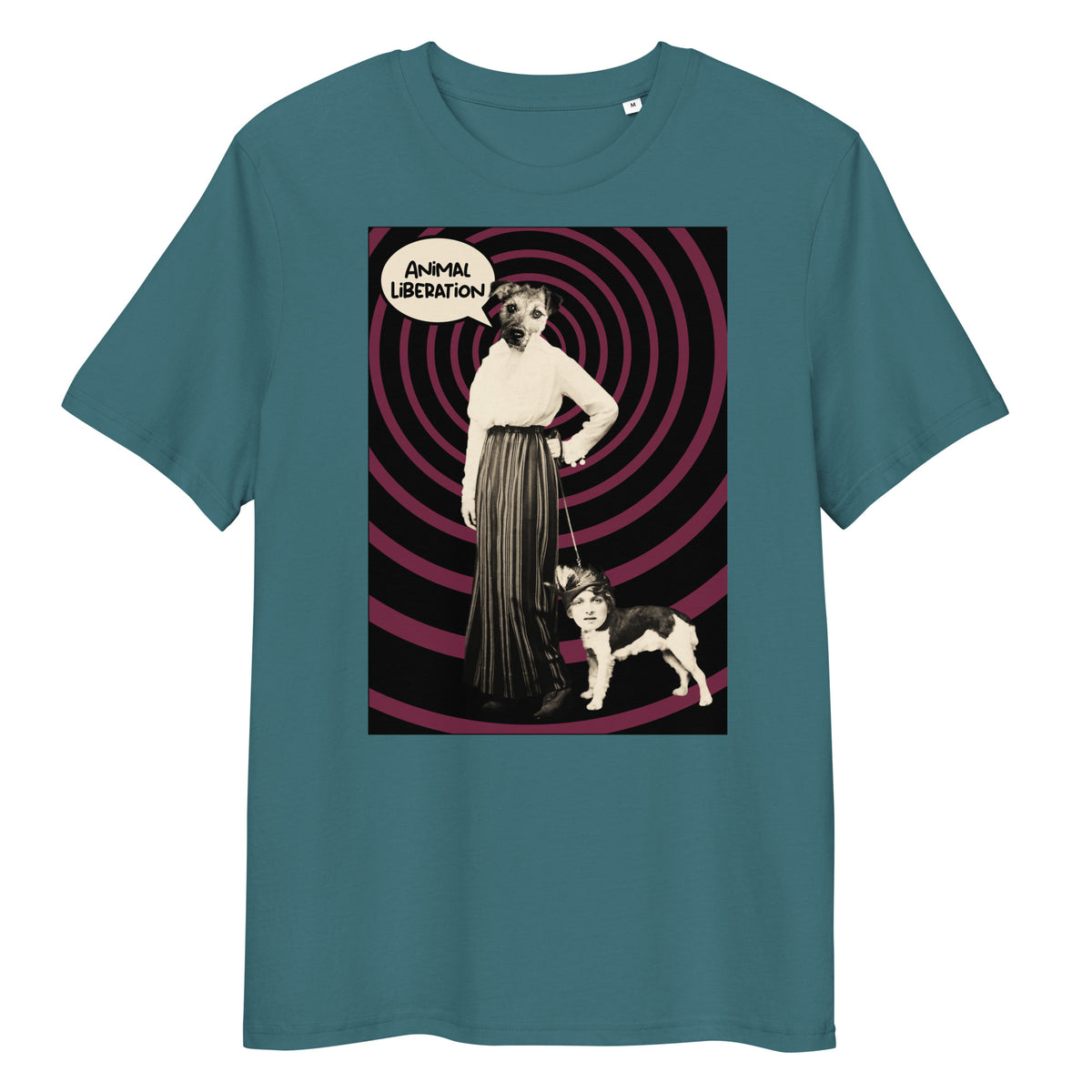 Petrolblaues Bio-Baumwoll-T-Shirt mit Ladydog-Print, Sprechblase Animal Liberation und hypnotischem Spiral-Hintergrund.