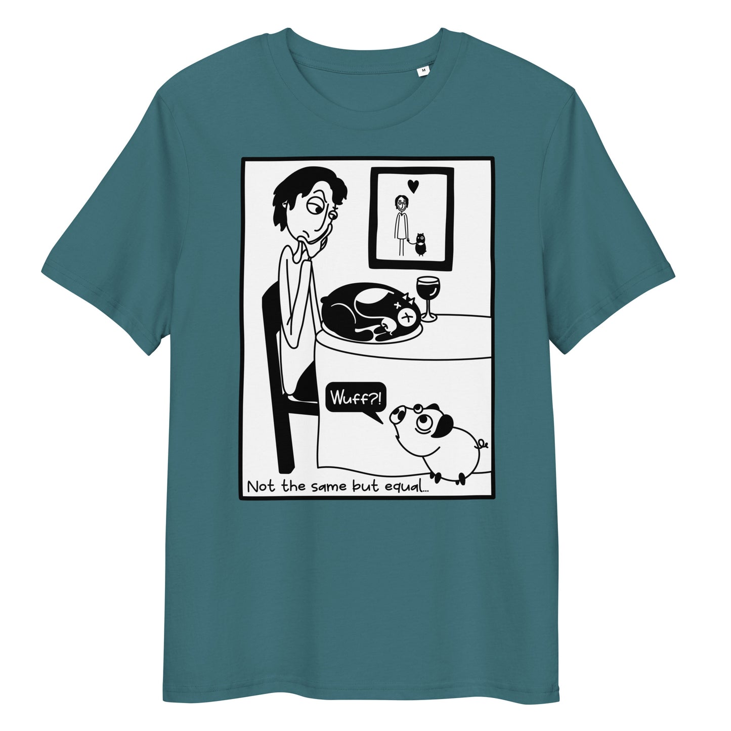 Petrolblaues Bio-Baumwoll-T-Shirt mit Comic-Print „Not the same but equal“ und Schweine-Motiv.