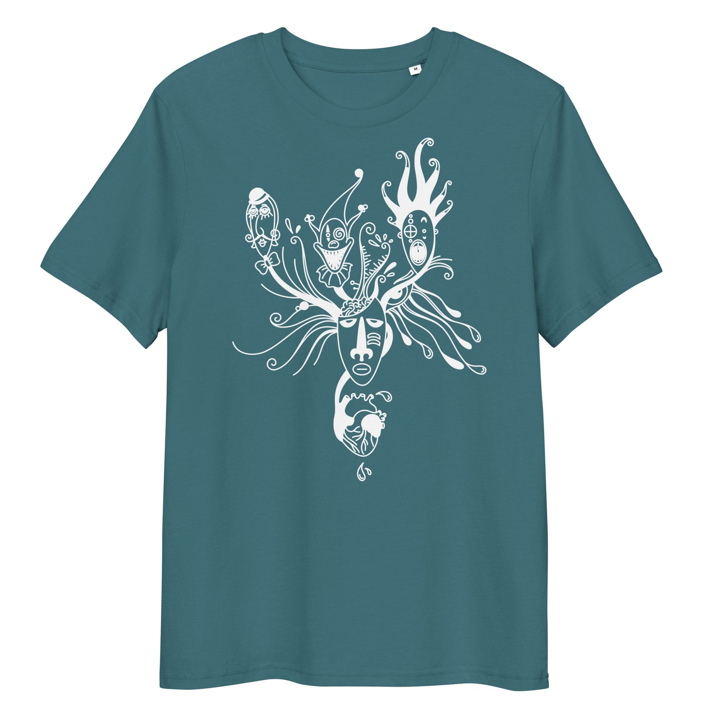 Dunkelblaues Bio-Baumwoll-T-Shirt mit weißem Mental Health „Behind the Mask“ Grafikdruck und Rundhalsausschnitt.