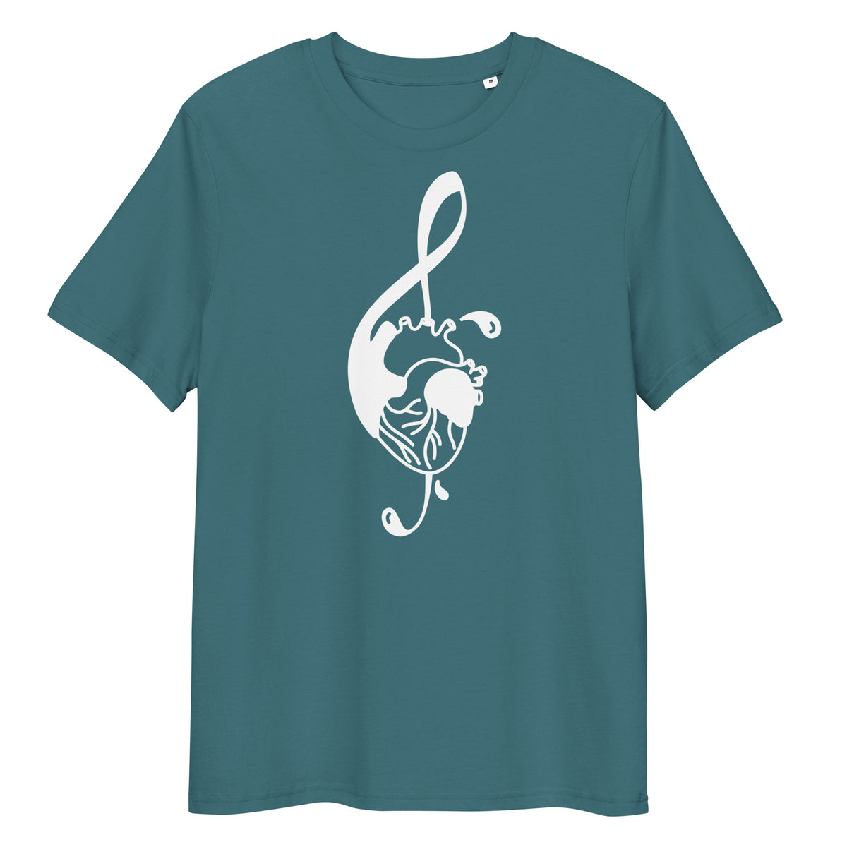 Dunkelblaues Bio-Baumwoll-T-Shirt mit weißem Notenschlüssel-Herz-Druck, Rundhalsausschnitt und klassischer Passform.