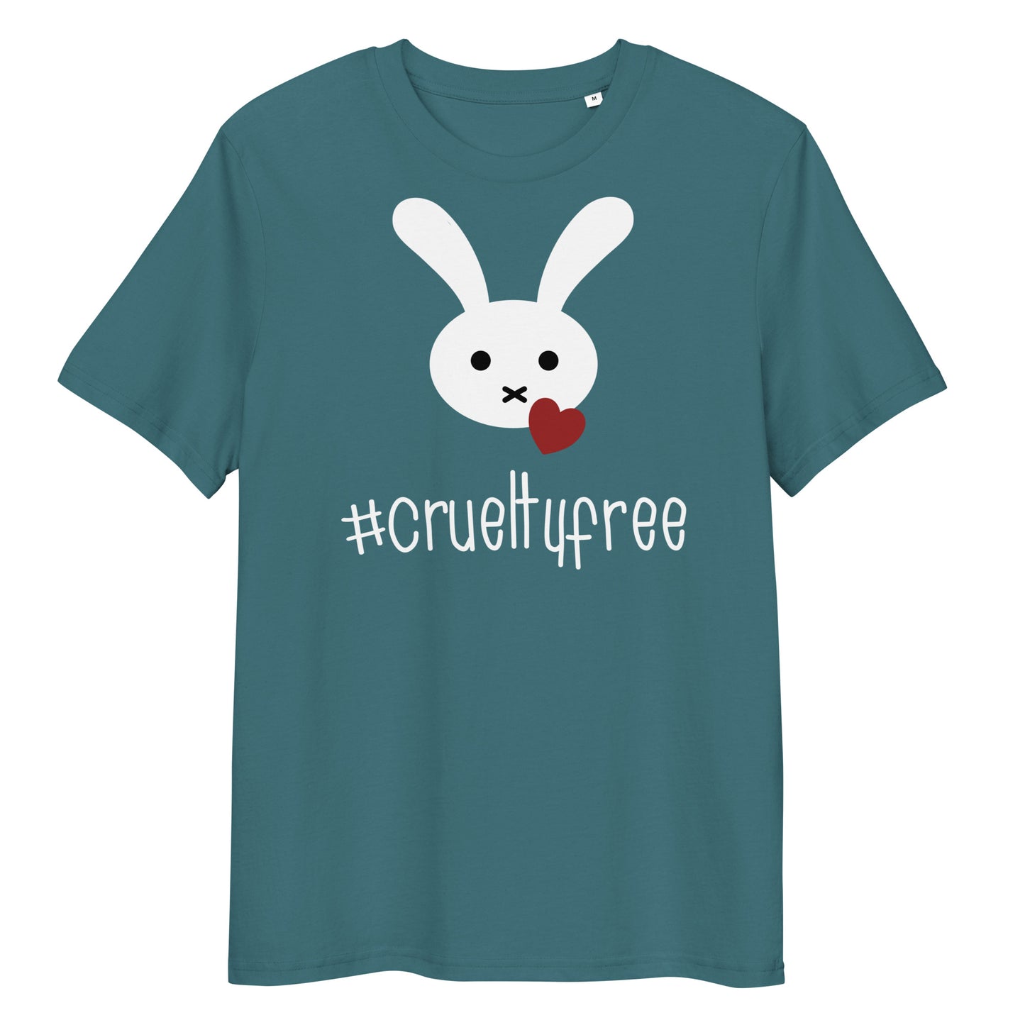 Dunkelblaues Bio-Baumwoll-T-Shirt mit weißem Hasen-Motiv, rotem Herz und #crueltyfree Schriftzug.