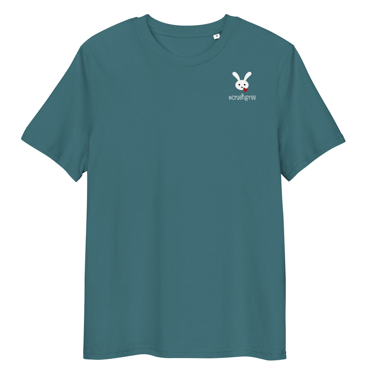 Dunkelblaues Bio-Baumwoll-T-Shirt mit kleinem Hasen-Logo und #crueltyfree-Schriftzug auf der Brust.