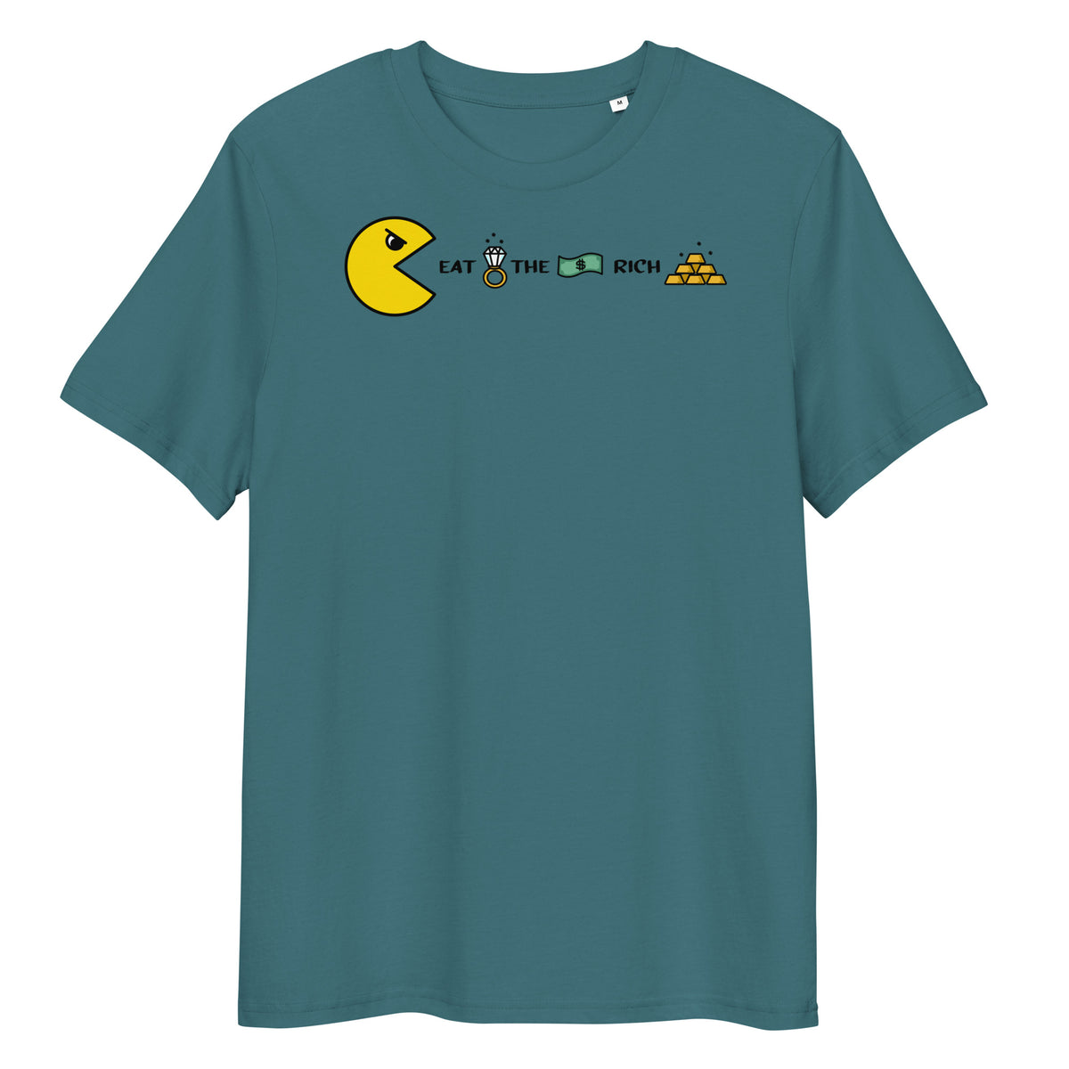 Dunkelblaues Bio-Baumwoll-T-Shirt mit Pac-Man-Grafik und dem Schriftzug Eat the Rich.