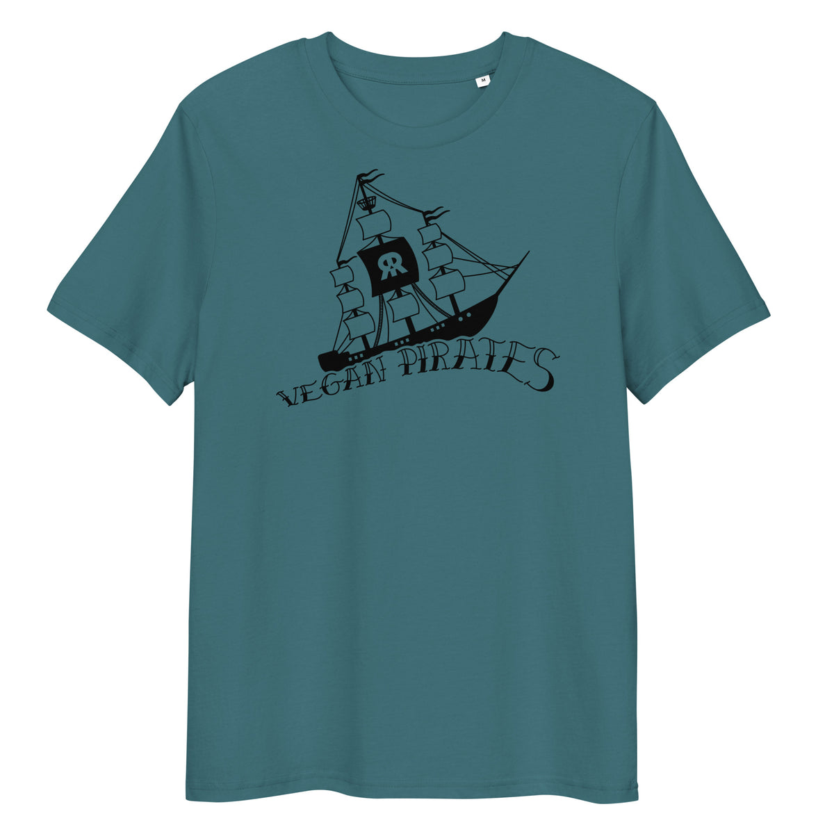 Dunkelblaues Bio-Baumwoll-T-Shirt mit schwarzem Vegan Pirates Segelschiff-Druck und klassischem Rundhalsausschnitt.