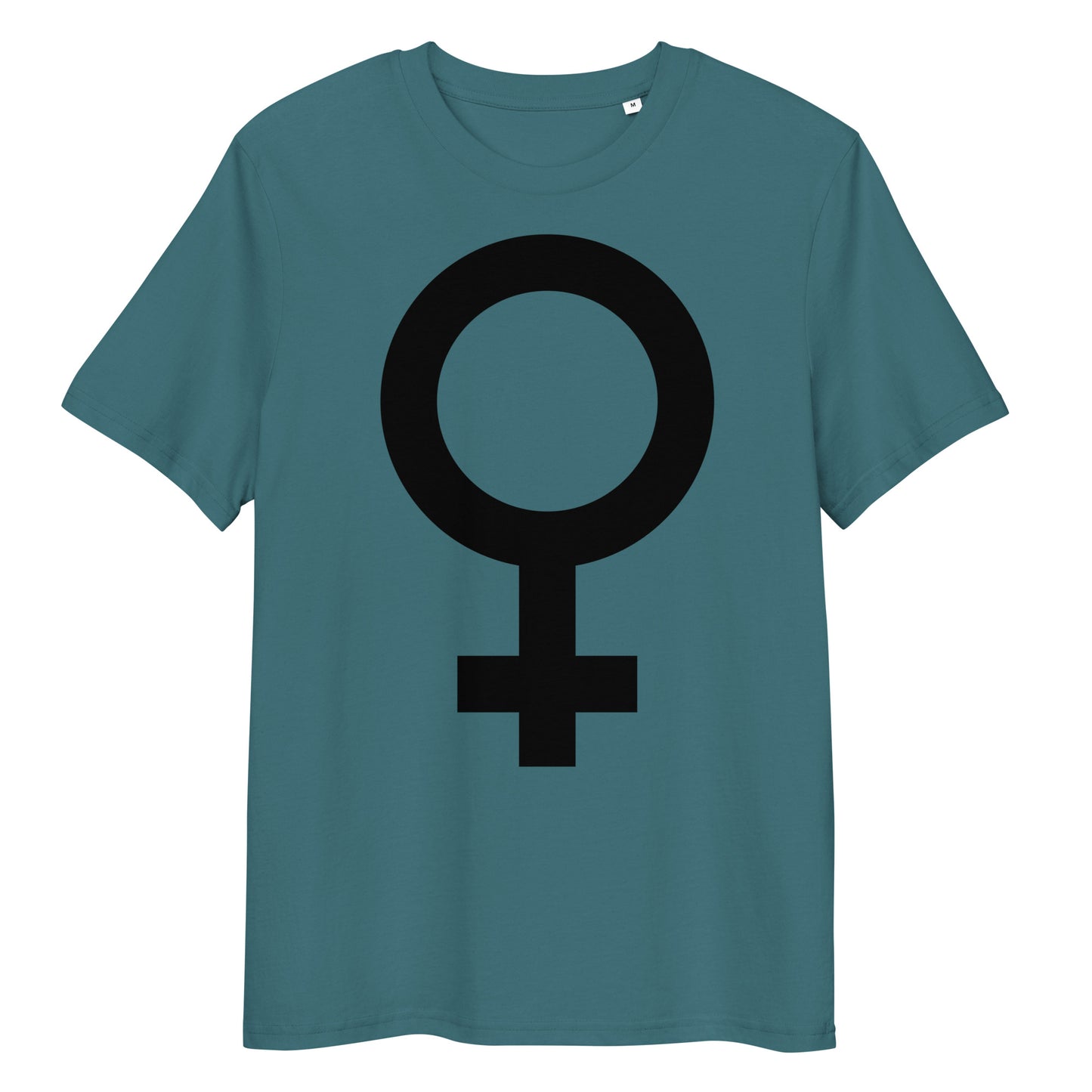 Petrolblaues Bio-Baumwoll-T-Shirt mit schwarzem Feminismus-Symbol als Print, mittlere Passform und Rundhalsausschnitt.