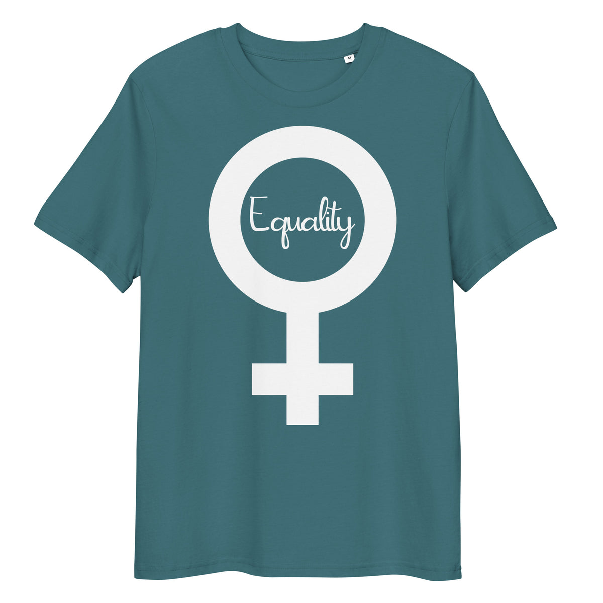 Dunkelblaues Bio-Baumwoll-T-Shirt mit weißem weiblichem Symbol und Equality-Schriftzug als feministisches Design.