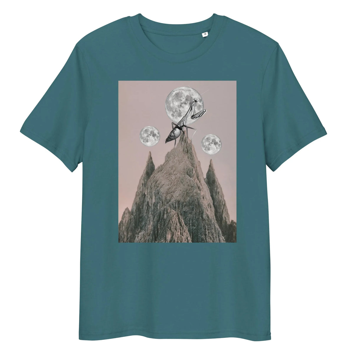 Veganes Bio-T-Shirt, petrolblau, Rundhalsausschnitt, Frontprint mit Mantis und Bergen