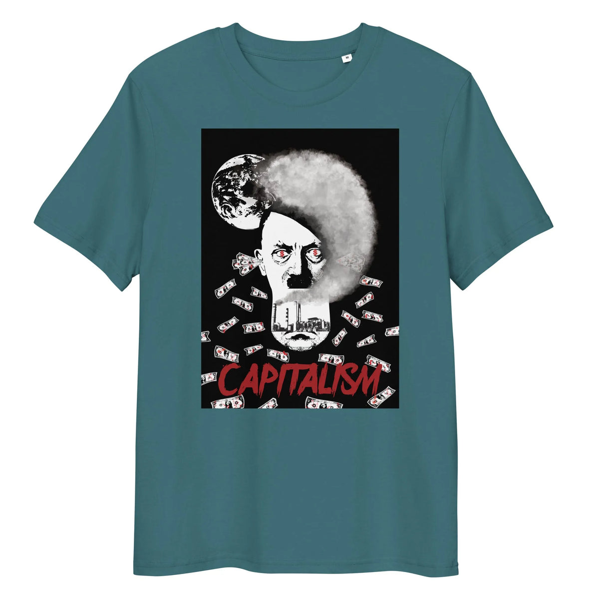 Blaugrünes T-Shirt mit Rundhalsausschnitt und Grafik „CAPITALISM“
