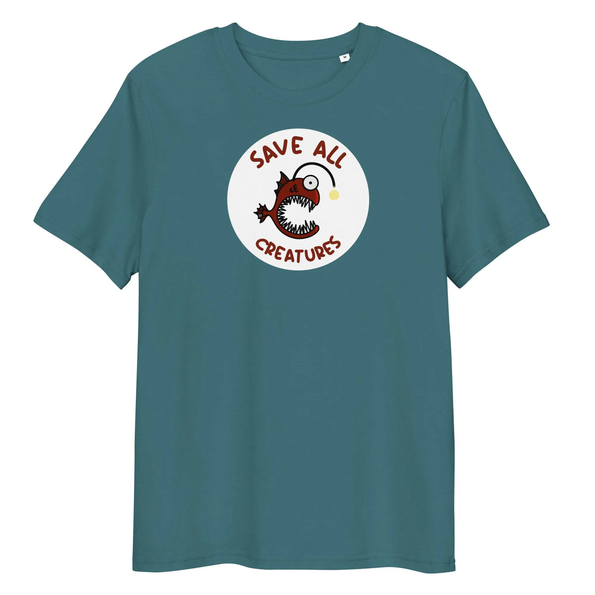 Blaugrünes T-Shirt mit rundem Froschfisch-Print „Save All Creatures“