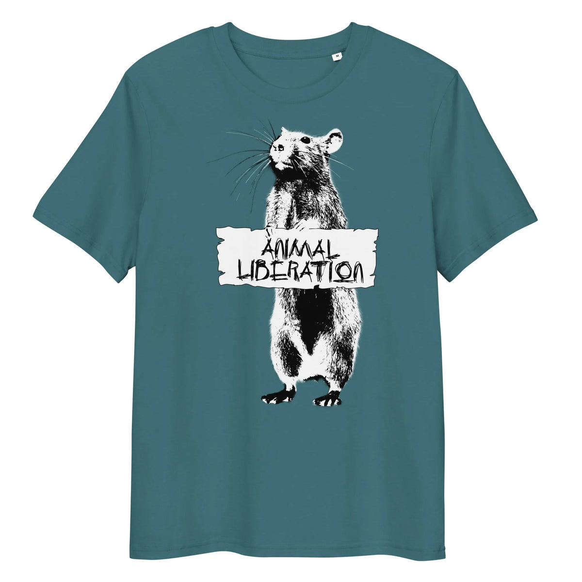 T-Shirt in Petrolblau mit Rattenmotiv und Aufdruck „ANIMAL LIBERATION“ vorne