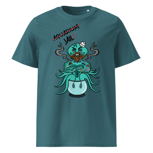 Aquarium=Jail! Grafik-Shirt in Petrolblau mit Rundhalsausschnitt und Kurzarm
