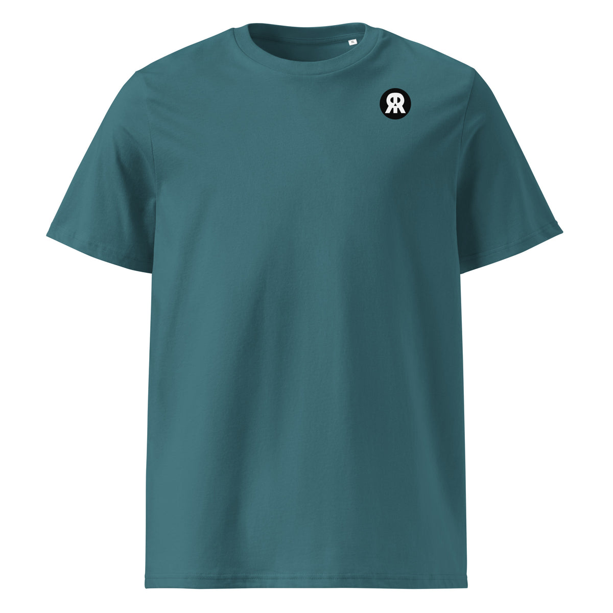 Blaugrünes Bio-T-Shirt mit Rundhalsausschnitt und kleinem Emblem am Brustbereich