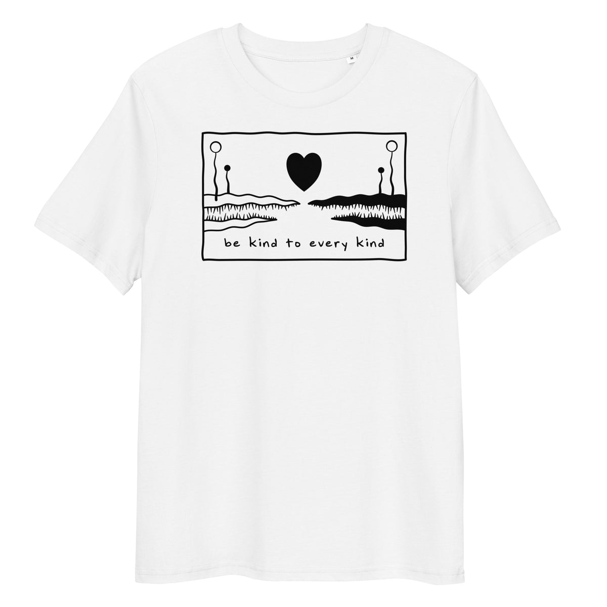 Weißes Bio-Baumwoll-T-Shirt mit schwarzem „Be kind to every kind“-Herz-Print und Rundhalsausschnitt.