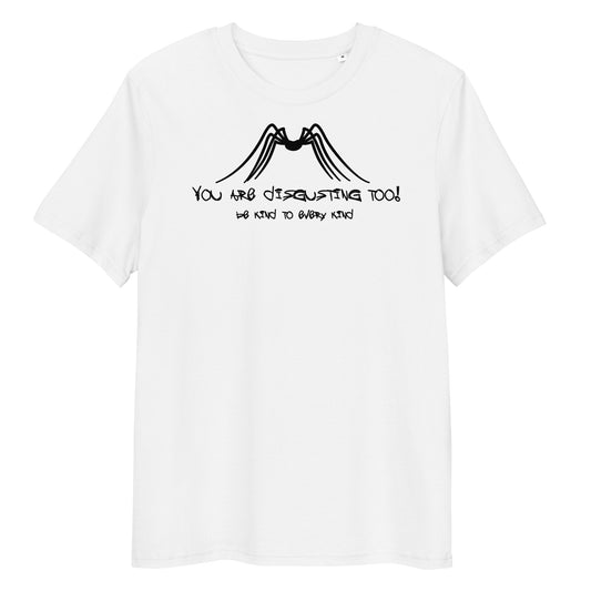 Weißes T-Shirt mit rundem Ausschnitt und schwarzem Motivdruck auf der Brust