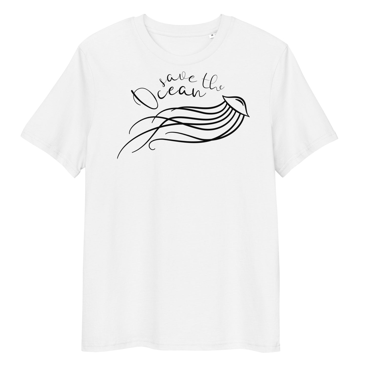 Weißes Bio-Baumwoll-T-Shirt mit schwarzem „Save the Ocean“-Schriftzug und Quallen-Illustration auf der Vorderseite.
