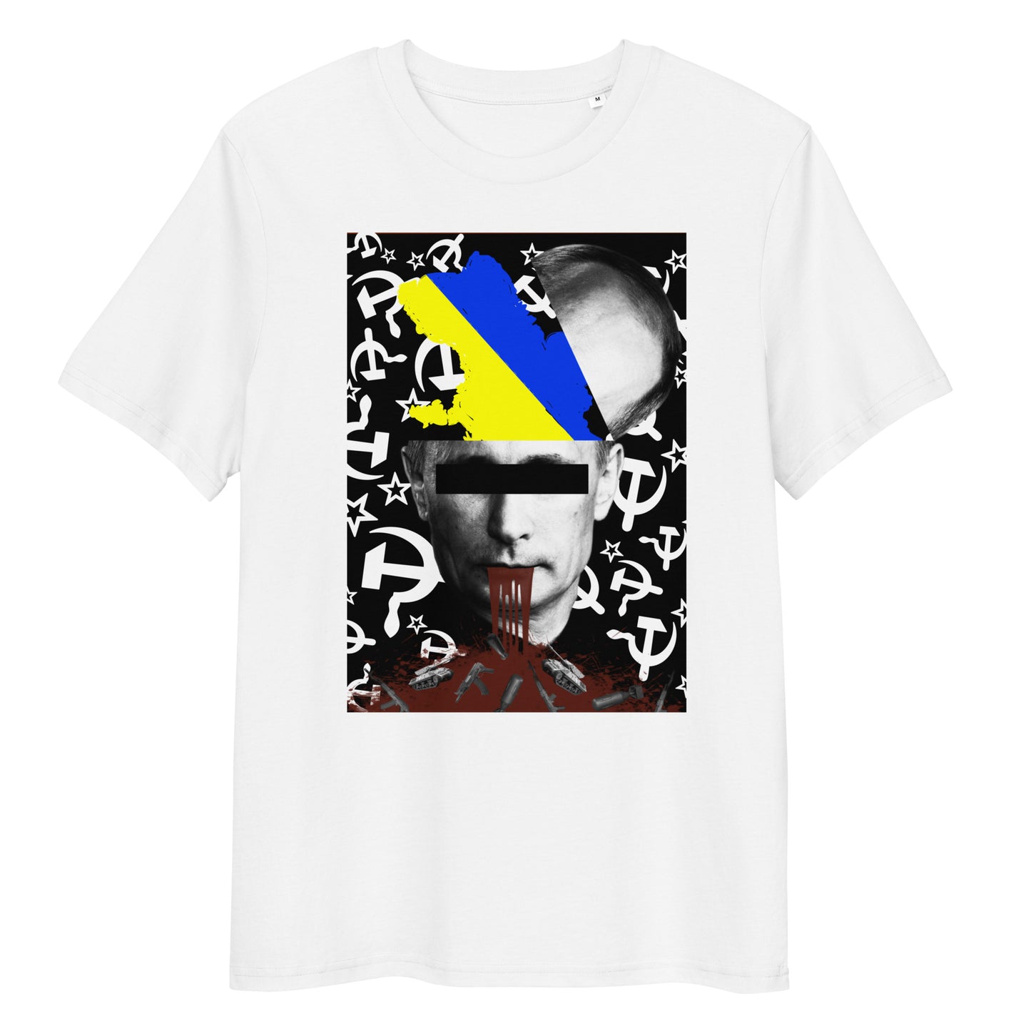 Weißes Bio-Baumwoll-T-Shirt mit politischem STOP WAR Druck, Ukraine-Flagge und Hammer-und-Sichel-Motiv auf schwarzem Hintergrund.