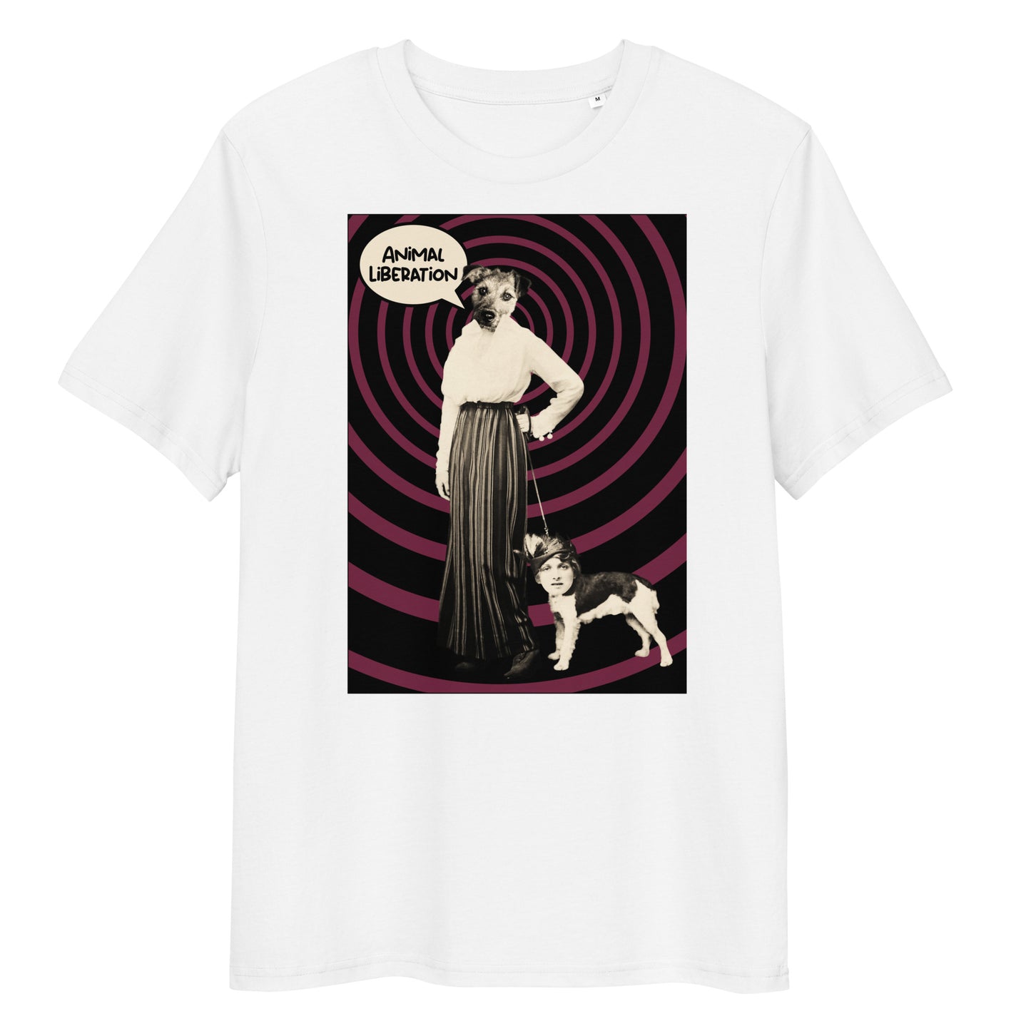 Weißes Bio-Baumwoll-T-Shirt mit Ladydog-Print, Animal Liberation Sprechblase und hypnotischem schwarz-violettem Spiralmuster.
