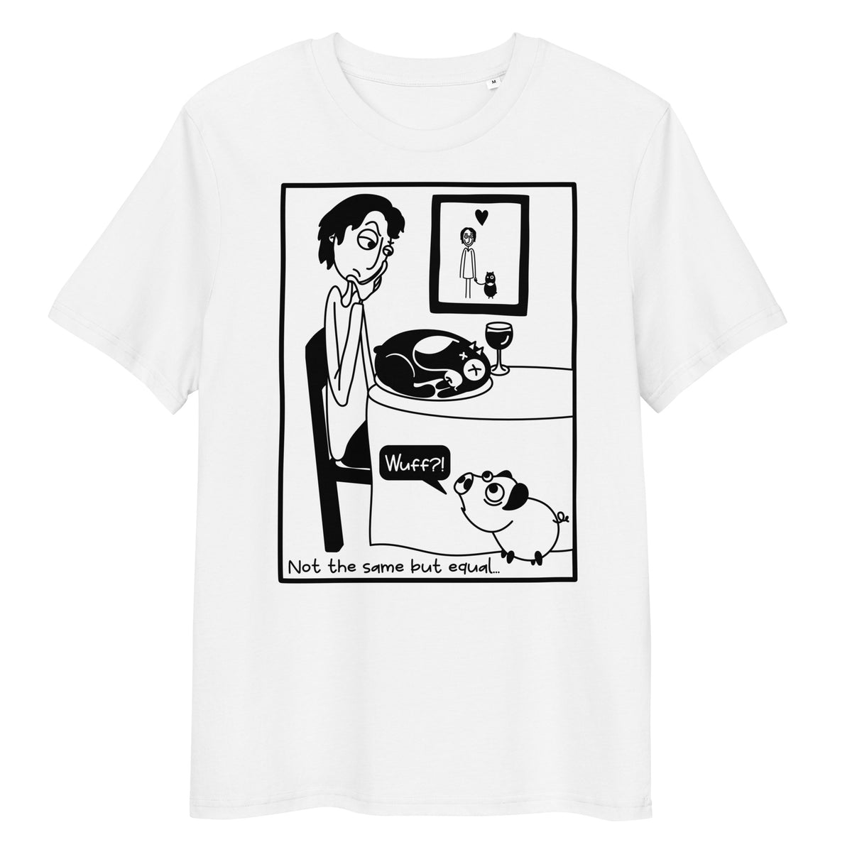 Weißes Bio-Baumwoll-T-Shirt mit schwarzem Comic-Druck und dem Slogan Not the same but equal.