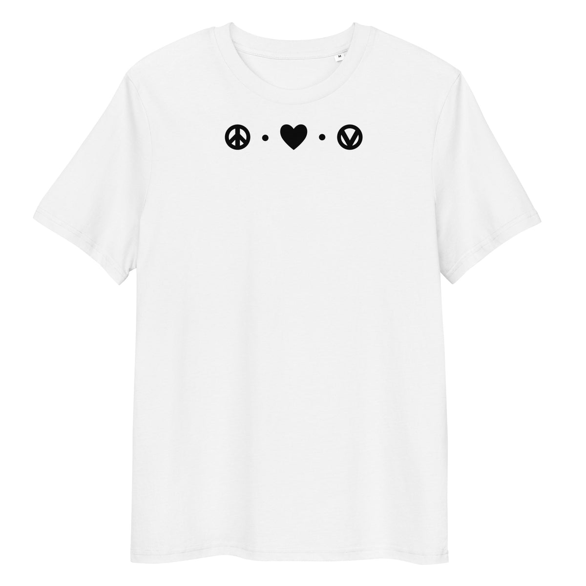 Weißes Bio-Baumwoll-T-Shirt mit schwarzem Peace-Love-Vegan-Aufdruck auf der Brust.