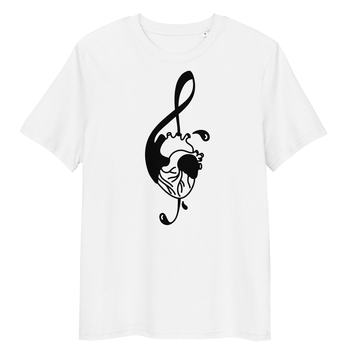 Weißes Bio-Baumwoll-T-Shirt mit schwarzem Herz-Notenschlüssel-Druck, mittlere Passform und Rundhalsausschnitt.