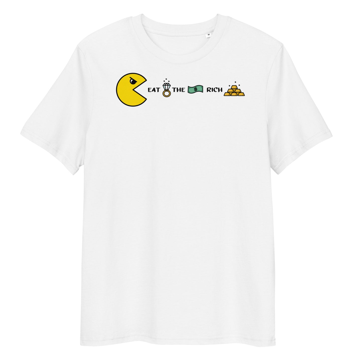 Weißes Bio-Baumwoll-T-Shirt mit Pac-Man-Grafik und dem Schriftzug Eat the Rich inklusive Diamantring, Geldschein und Gold.