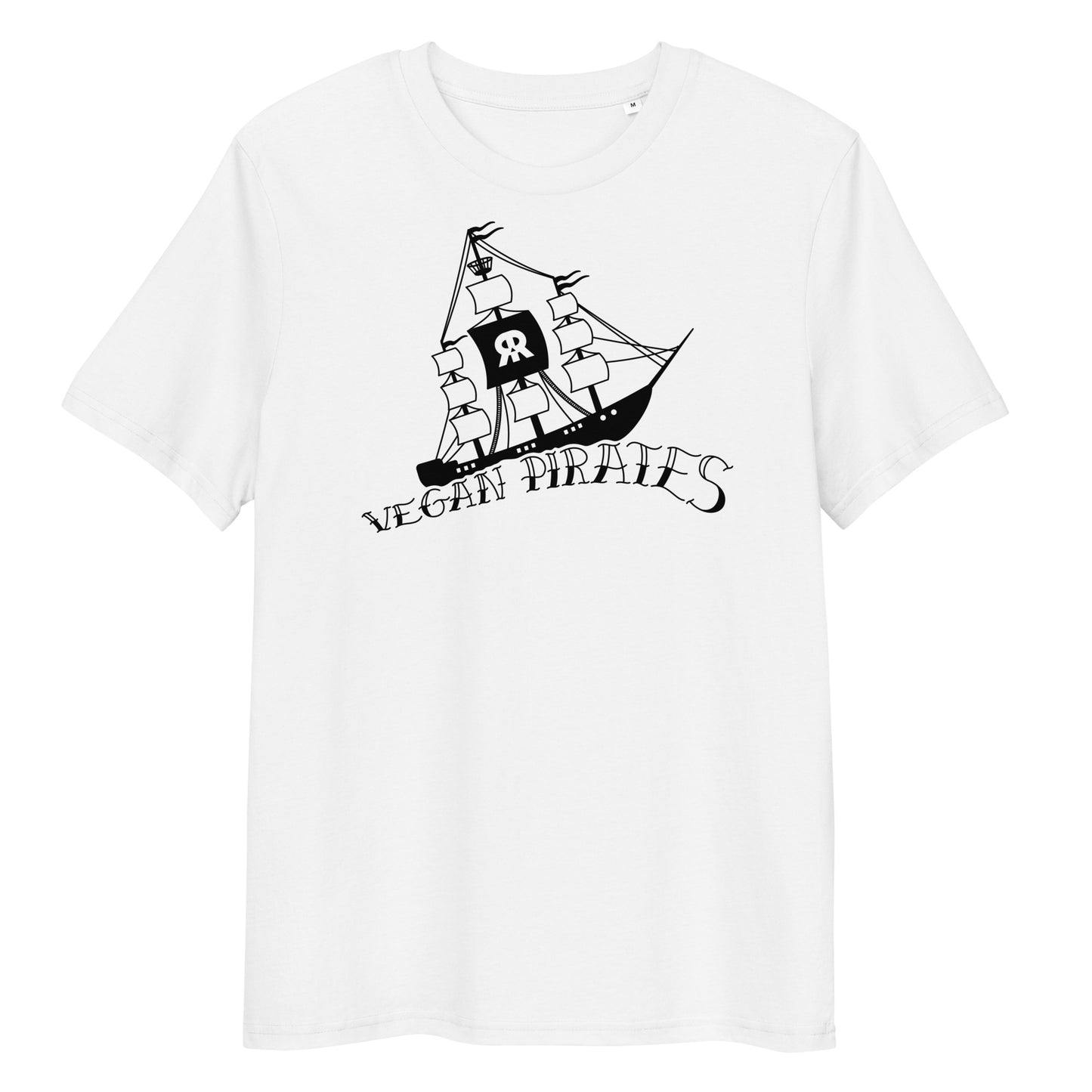 Weißes Bio-Baumwoll-T-Shirt mit schwarzem Vegan Pirates Segelschiff-Aufdruck und Rundhalsausschnitt.
