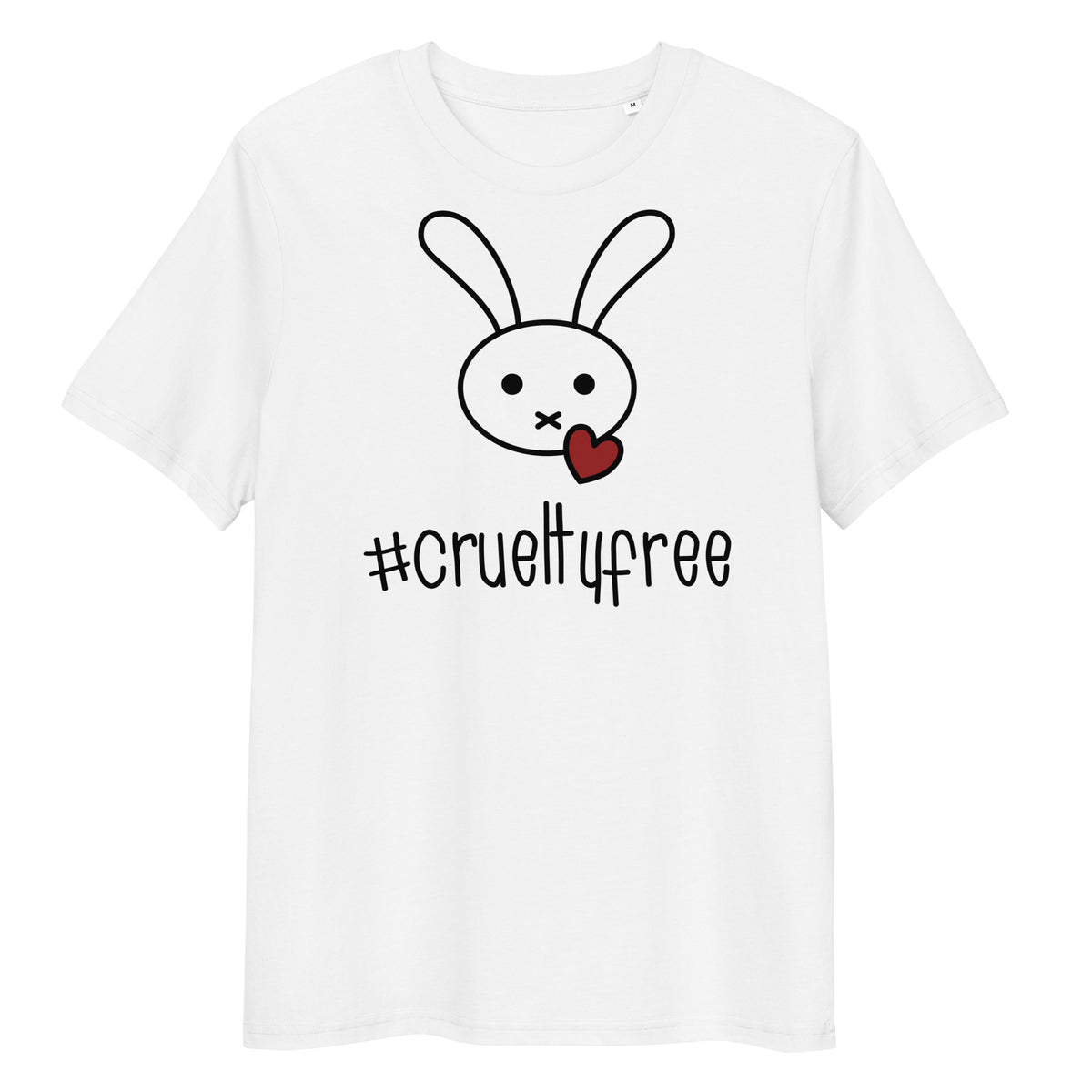 Weißes Bio-Baumwoll-T-Shirt mit Hasen-Grafik, rotem Herz und #crueltyfree Schriftzug.
