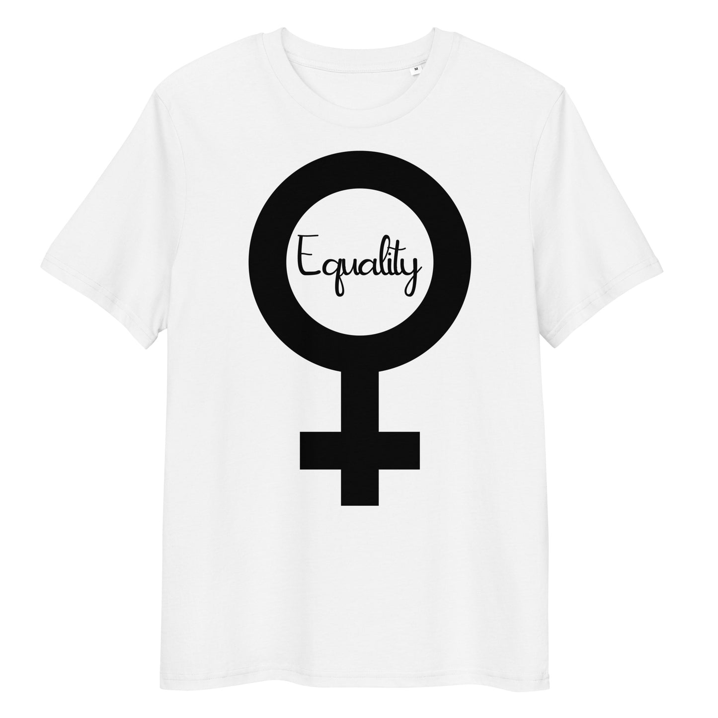 Weißes Bio-Baumwoll-T-Shirt mit schwarzem Feminismus-Symbol und dem Schriftzug Equality in der Mitte.
