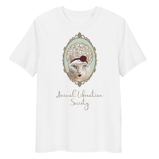 Weißes T-Shirt mit Katzenillustration im Rahmen und „Animal Liberation Society“-Schriftzug