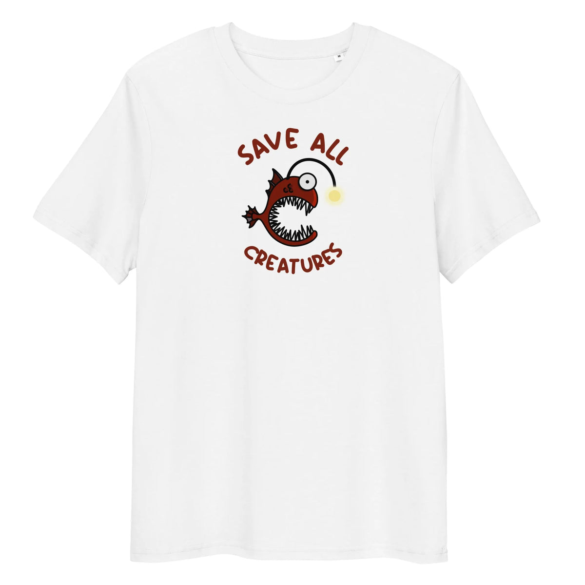 Weißes T-Shirt mit Froschfisch-Print und Text „Save All Creatures“