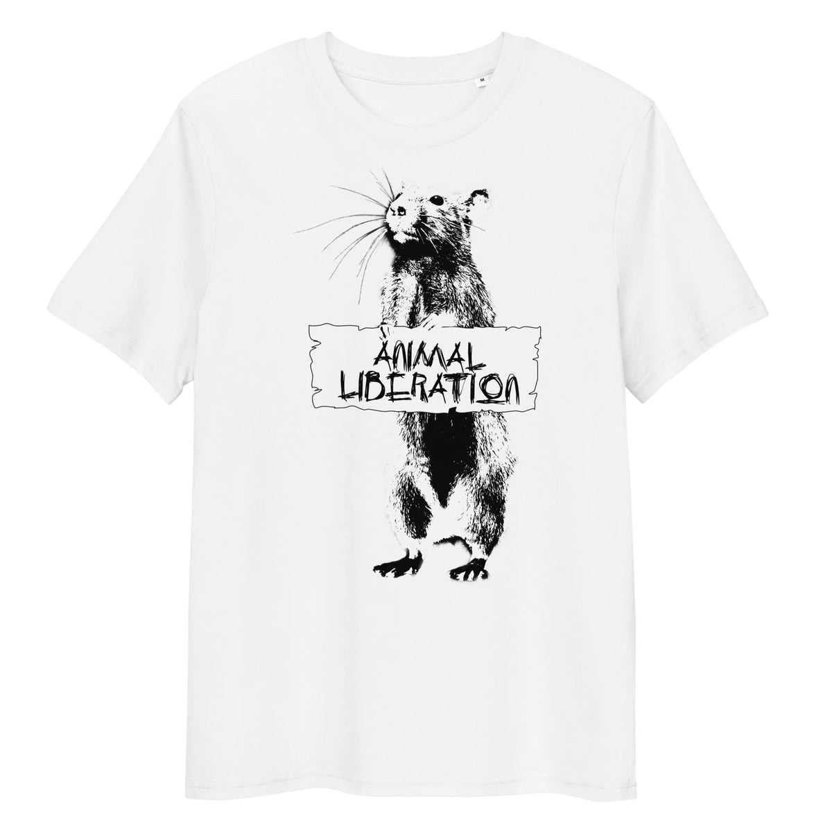 Weißes T-Shirt mit Rattenmotiv und Aufdruck „ANIMAL LIBERATION“