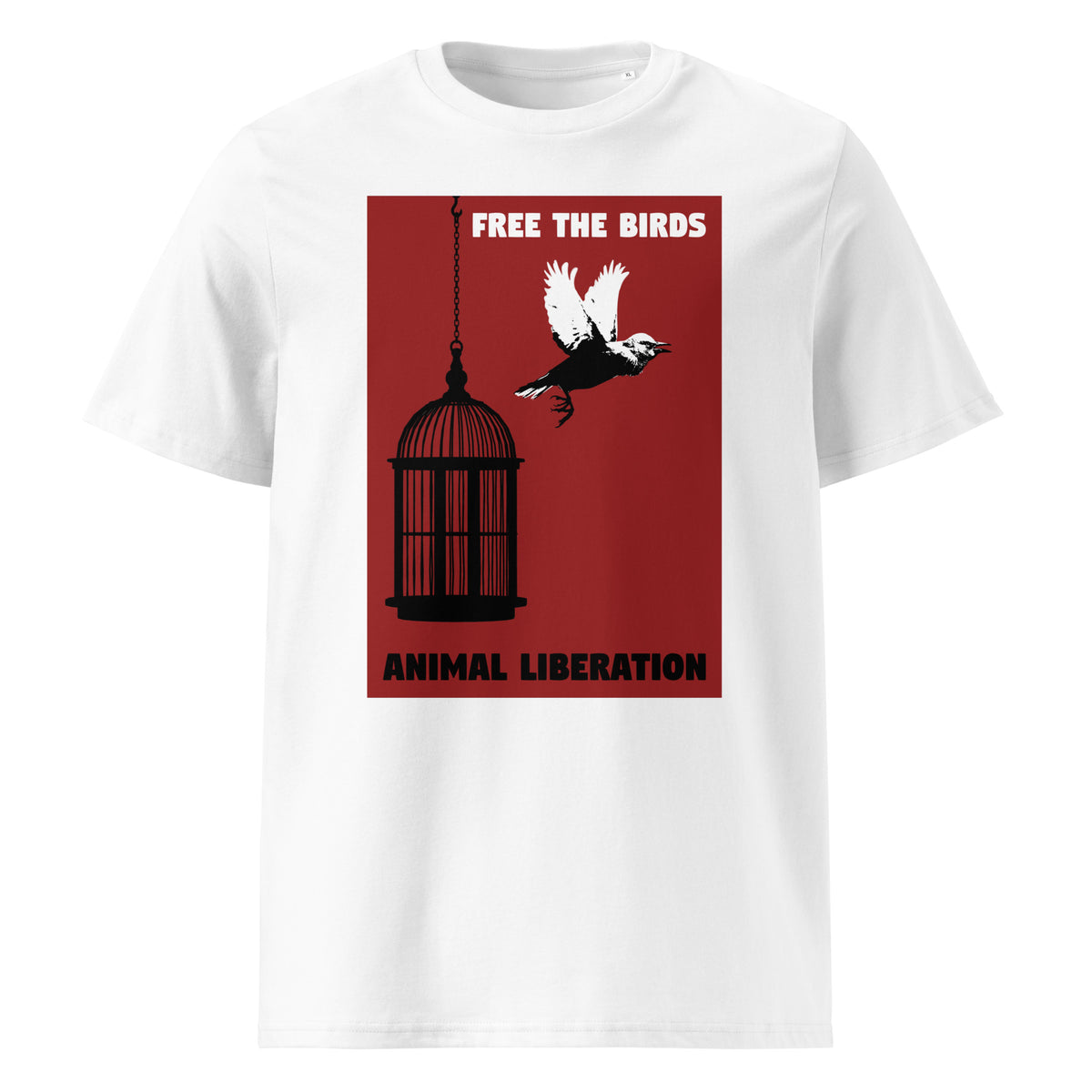 Weißes T-Shirt mit Vogel-im-Käfig-Print und Aufschrift „FREE THE BIRDS“